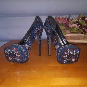 HerStyler 6 Inch Platform Stiletto Red White Blue Rhinestone New SIZE 8.5